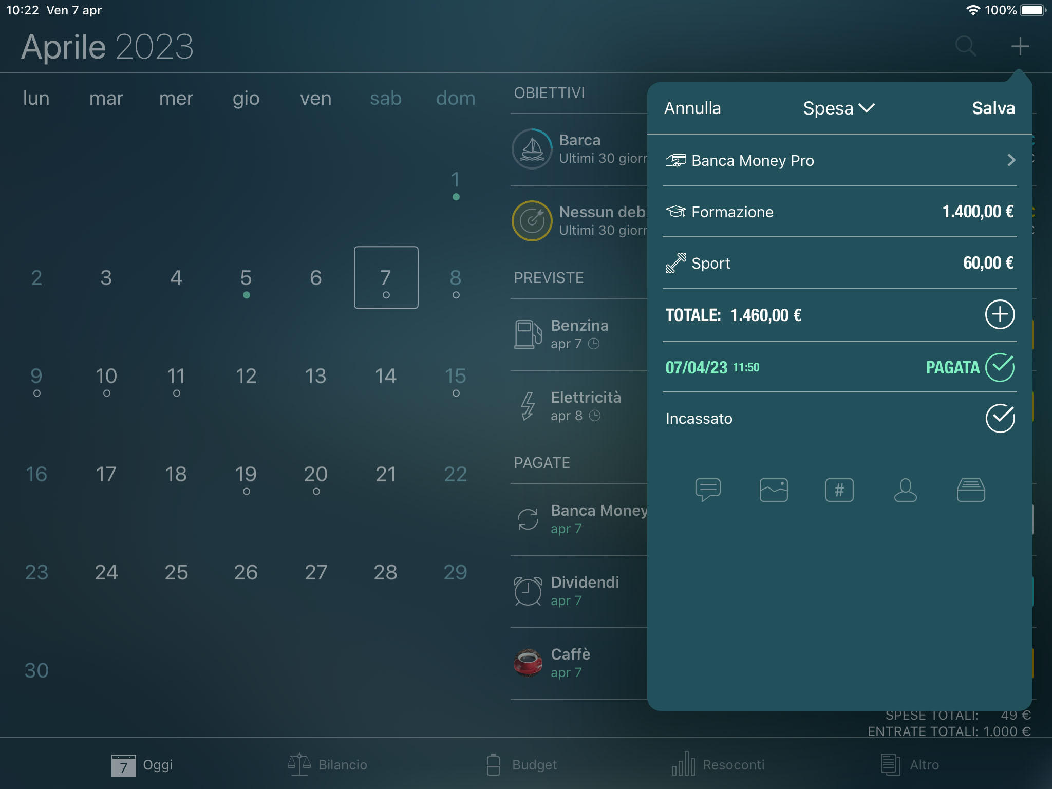 Money Tracker - Creazione di una transazione - iPad