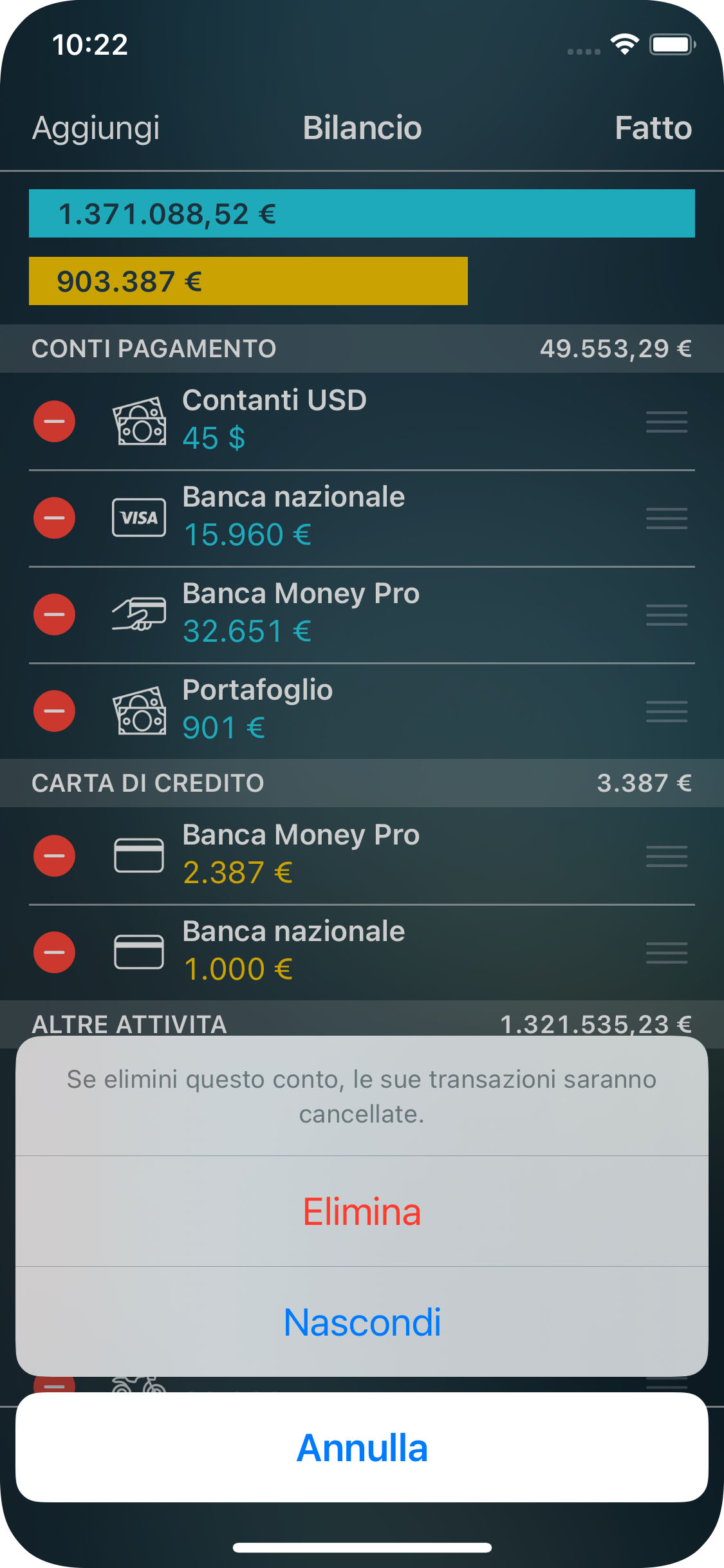 Money Tracker - Eliminazione di un conto - iPhone