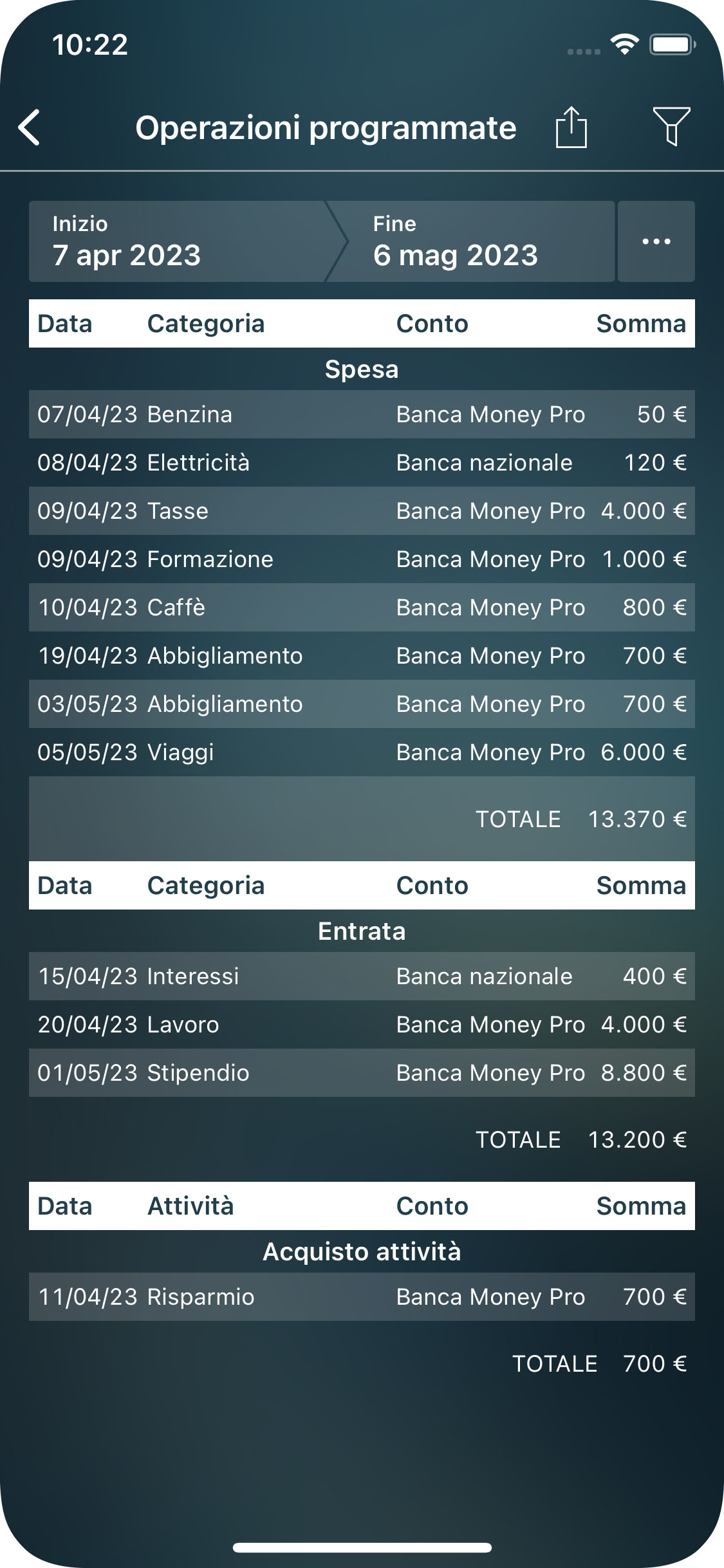 Money Tracker - Resoconto Operazioni programmate - iPhone