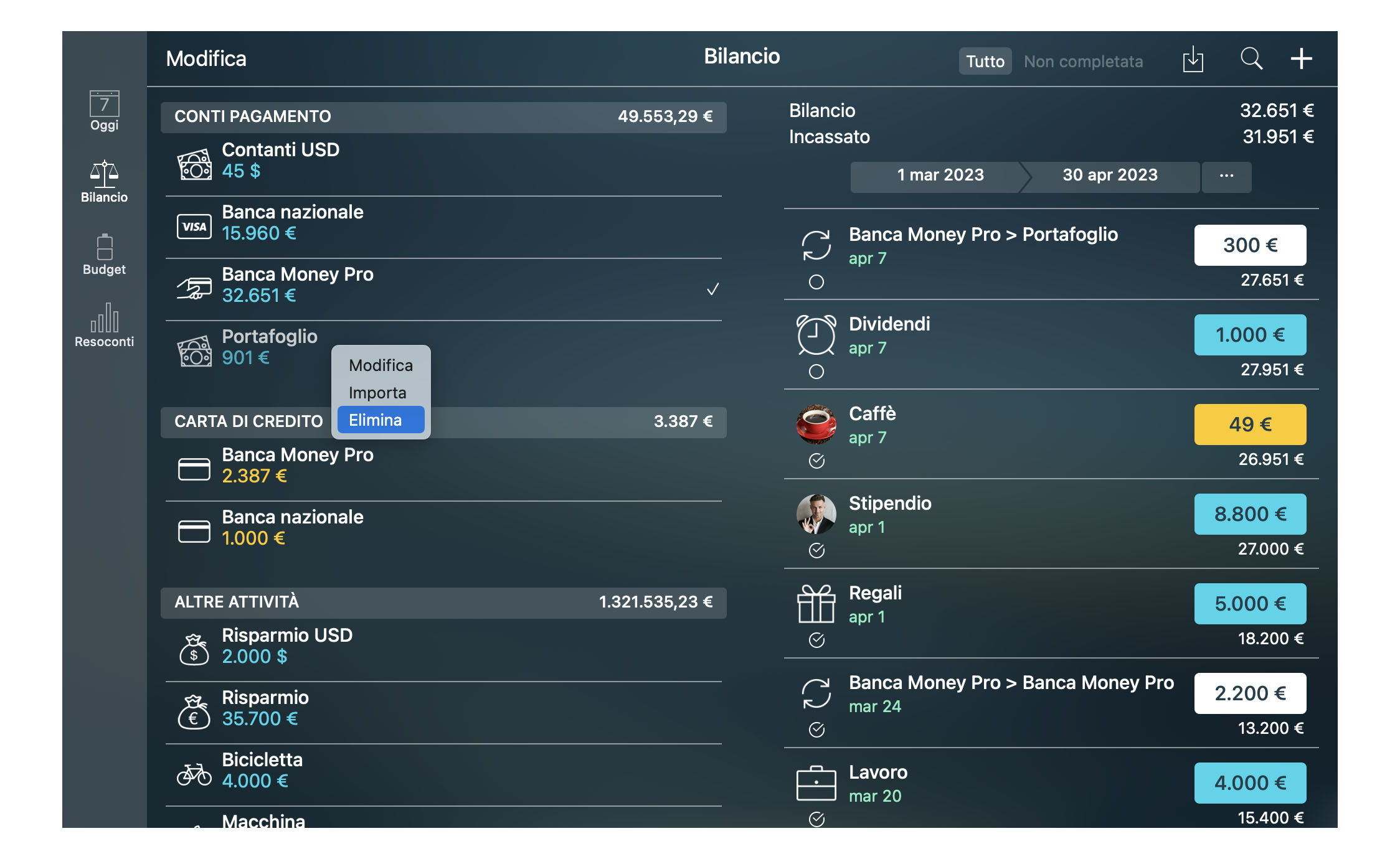 Money Tracker - Eliminazione di un conto - Mac