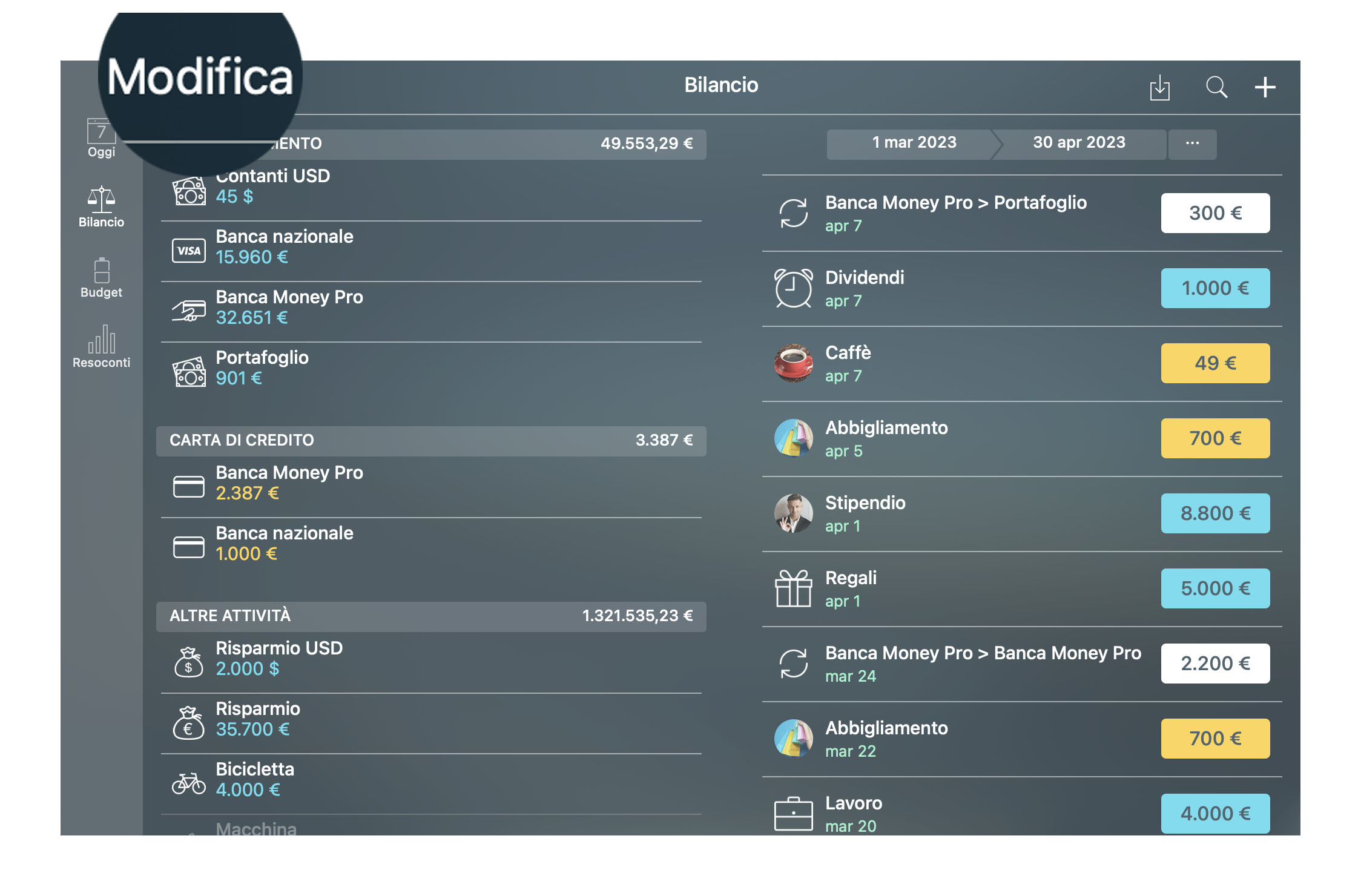 Money Tracker - Conti - Modifica - Mac