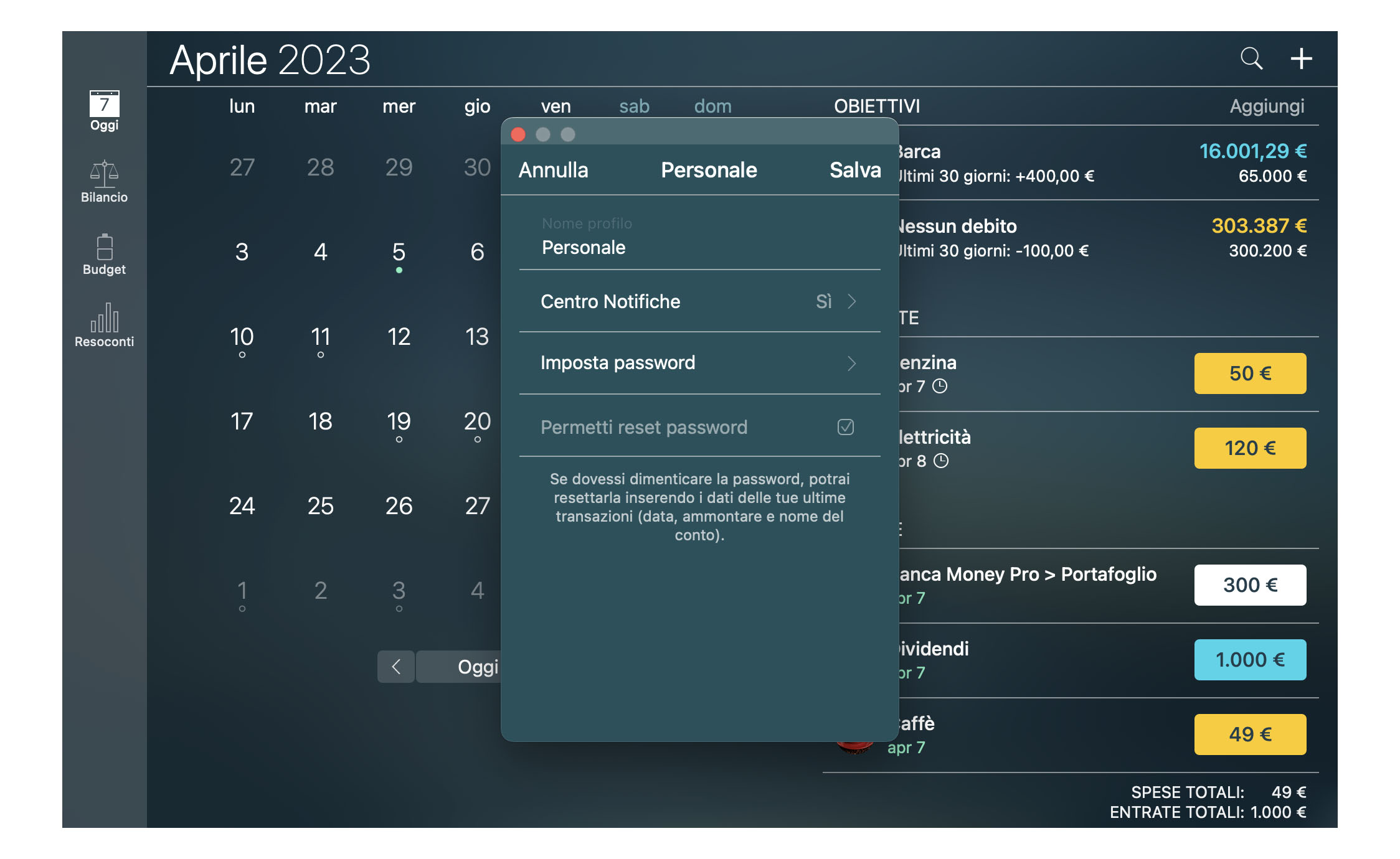 Money Tracker - Protezione tramite password - Mac